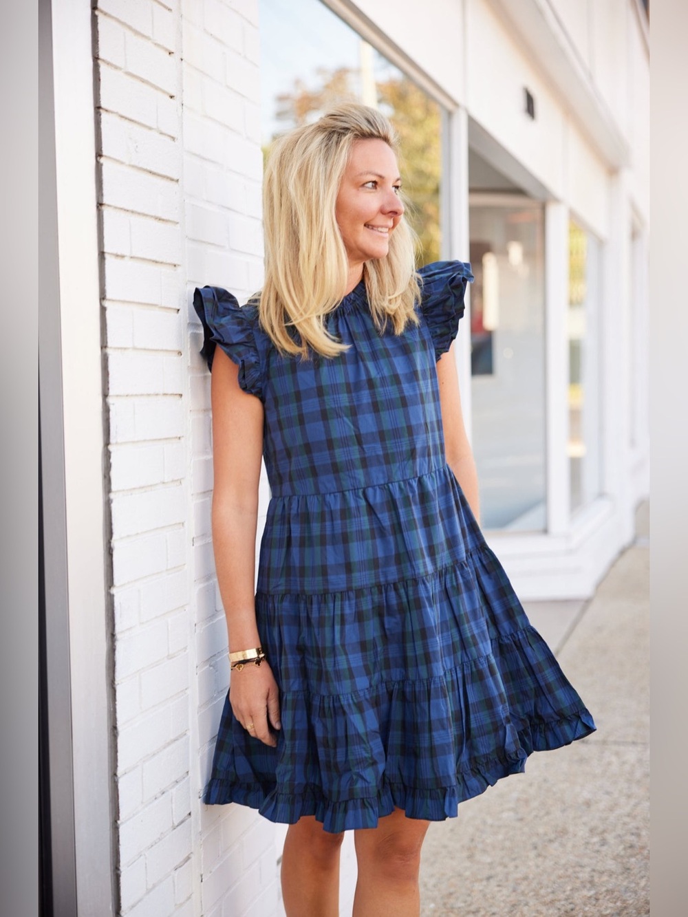 Sail to Sable Navy Plaid Ruffle Sleeve Women’s Dress